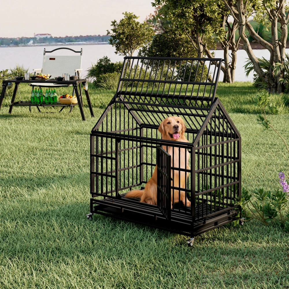 

48 Inch Heavy Duty Dog Crate with Wheels, Folding Metal Big Dog Cage for Large and Medium Dogs, Cage with a pointed roof