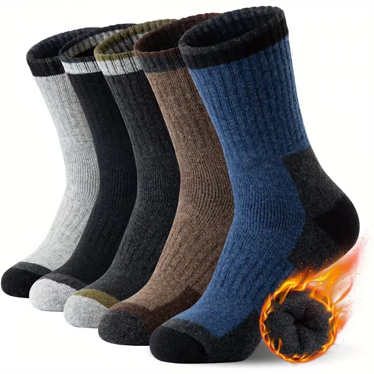 5 Paar Herren-Winter-Thermosocken, dicke, warme Crew-Socken aus Wollmischung, feuchtigkeitsableitende Socken für kaltes Wetter zum Wandern, Arbeiten usw.