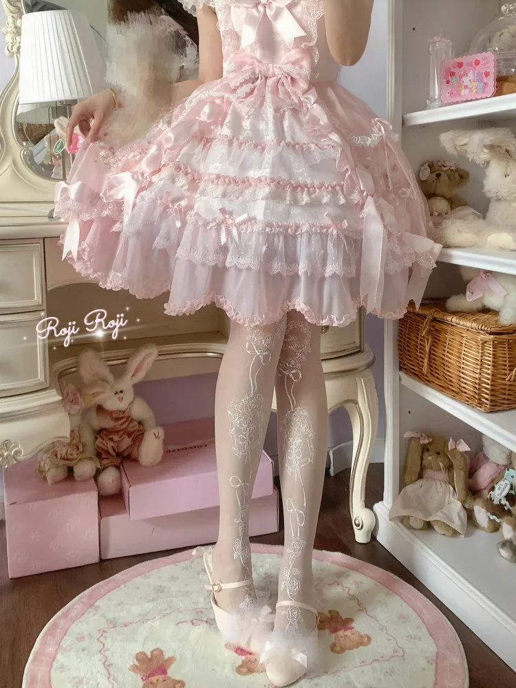 White Rose Heart Print Pantyhose Sheer Thin Transparent Lolita Stockings Female Lolita Japanese Print Pantyhose