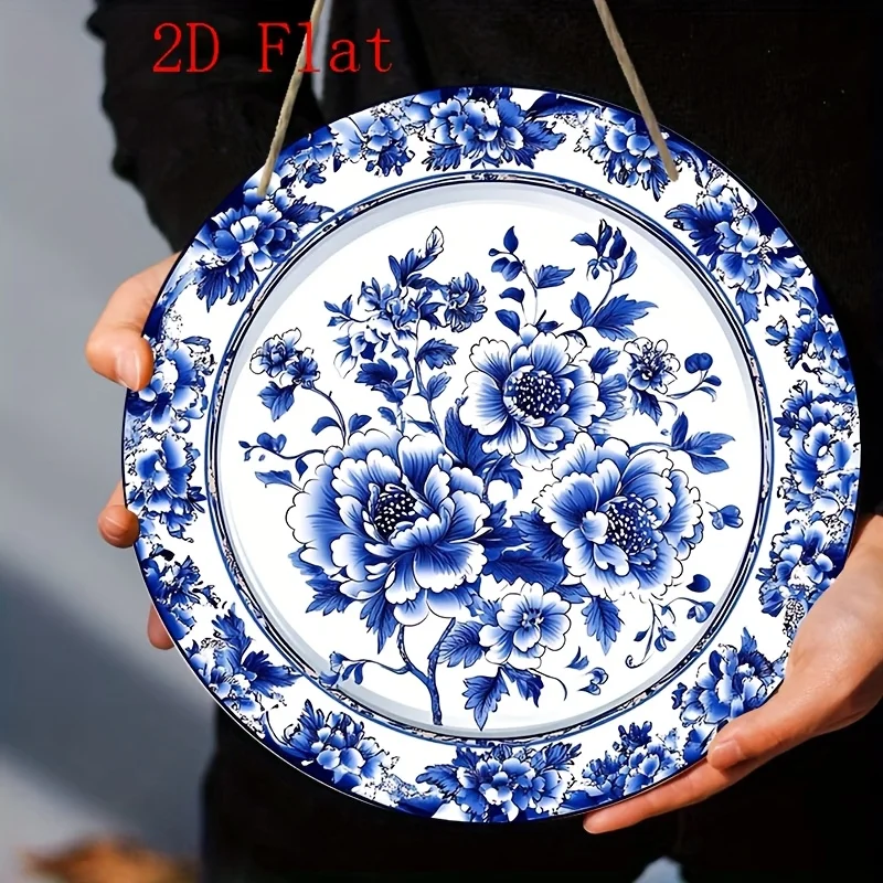 2D Flat, 2D Printed Wall Art - Classic Blue and White Porcelain Decor Wooden Sign, Suitable for Home, Cafe, Restaurant, Bar, Off