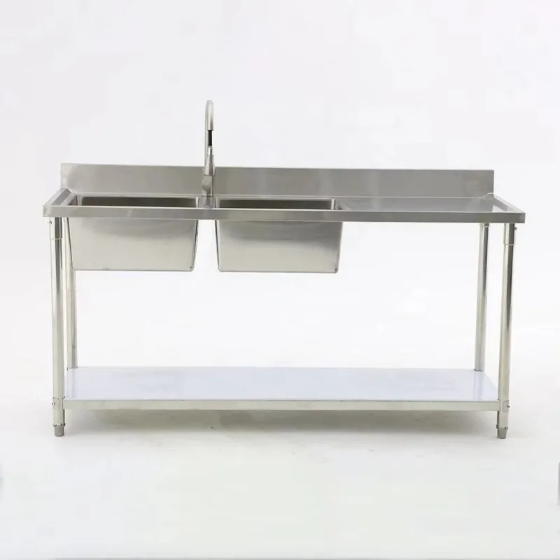 Stainless Steel Double Sink Cabinet 304 Grade, with Left / Center / Right Platform, 1450*600*800mm to 1800*600*800mm