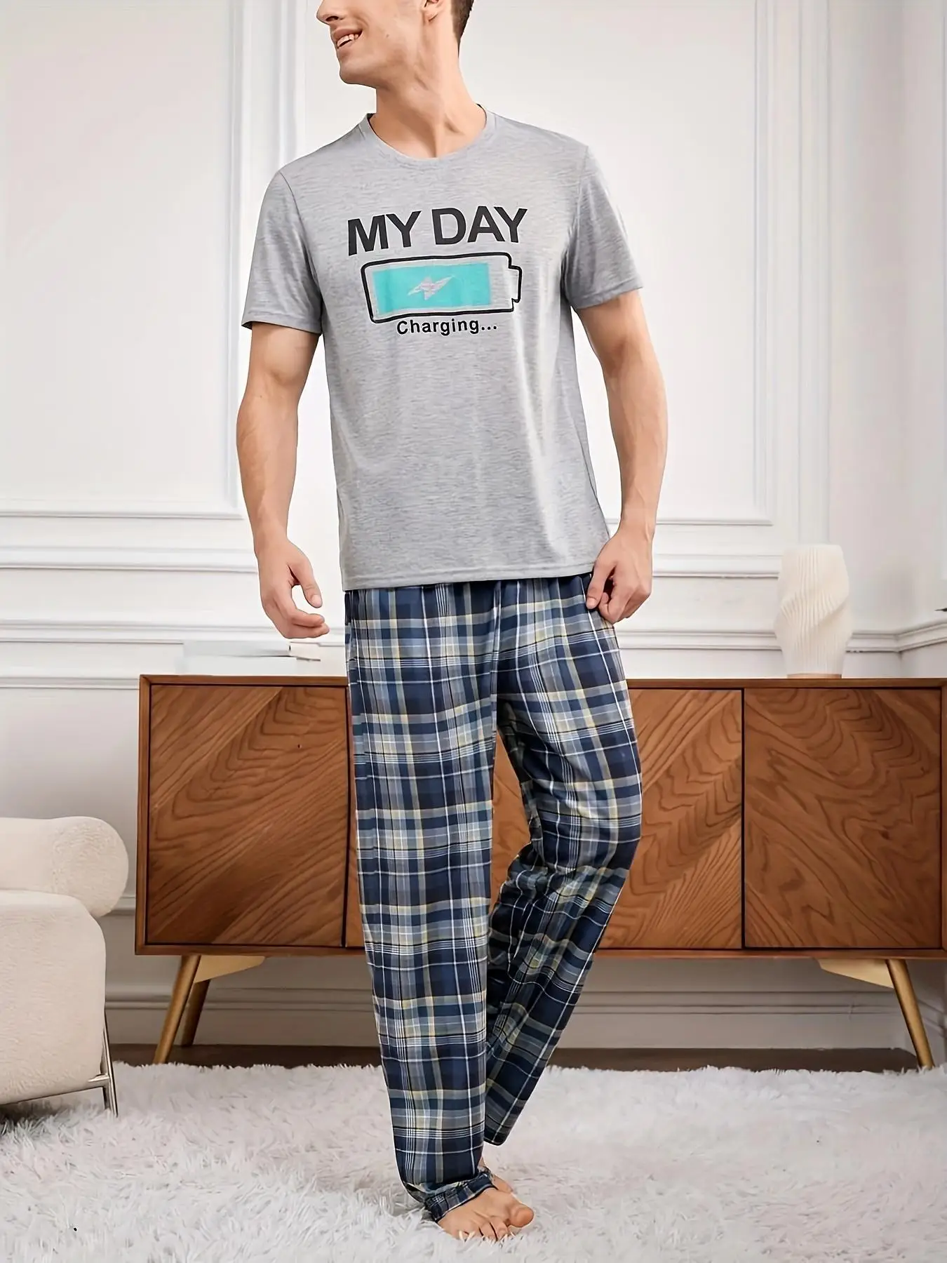 

Men's Geometric Print Pajama Set Short sleeve crewneck top + matching pants Modern abstract 2-piece summer sleepwear