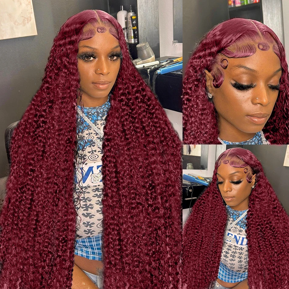 40 Inch 99J Burgundy Water Curly 13x4 Lace Frontal Wigs 250% Deep Wave 13x6 HD Transparent Lace Front Wig Human Hair For Women