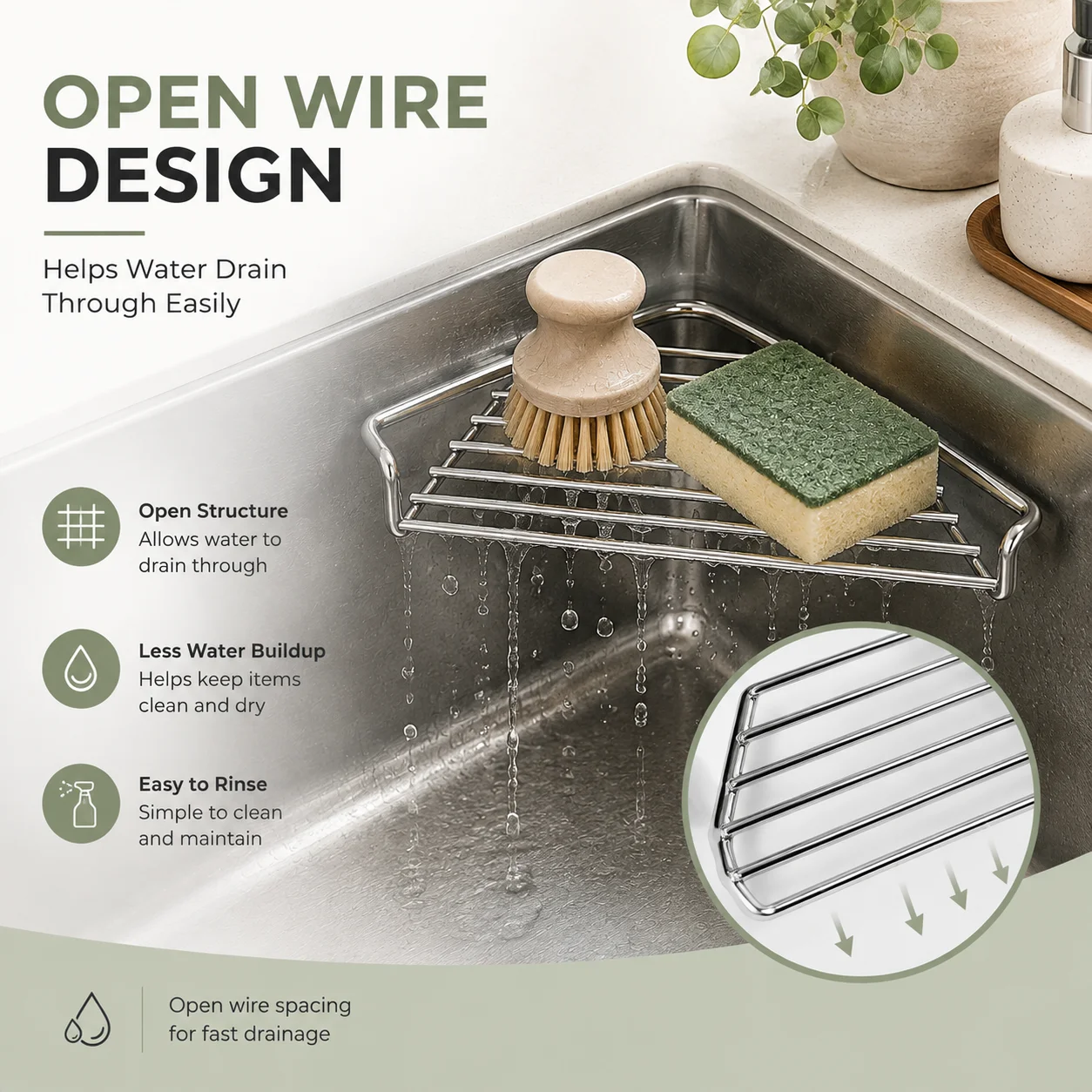 1/2 Pack | Stainless Steel Triangle Corner Sink Rack | Open Wire Style | Fast Drainage, No Standing Water, Sponge Storage