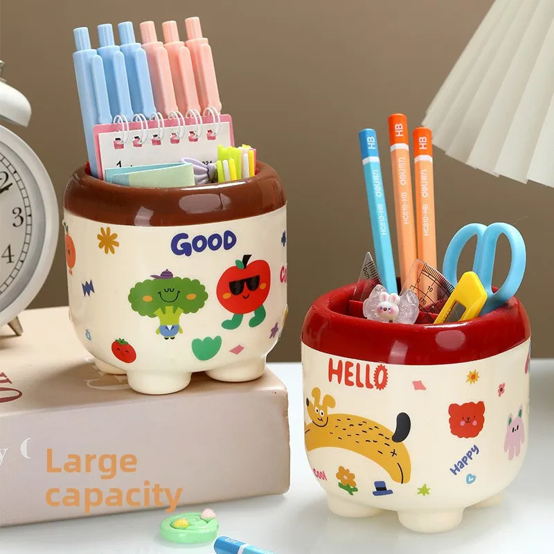 Girl creative cartoon pen holder cute grid high value plastic pencil case office desktop pen holder