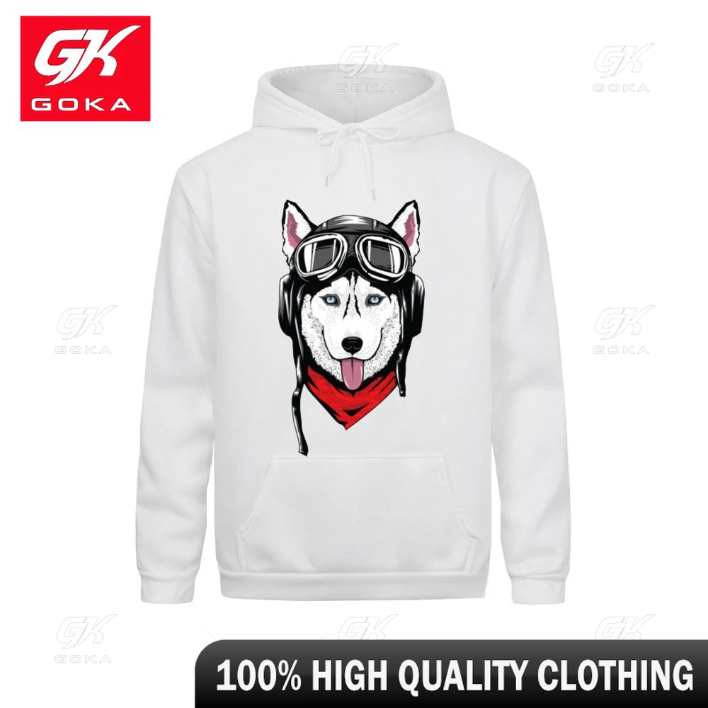 Husky with Helmet Printed Men's Sweatshirt Casual Hoodie Hipster Pocket Cute Siberian Husky Chihuahua Coats Cool Unisex Hoodies