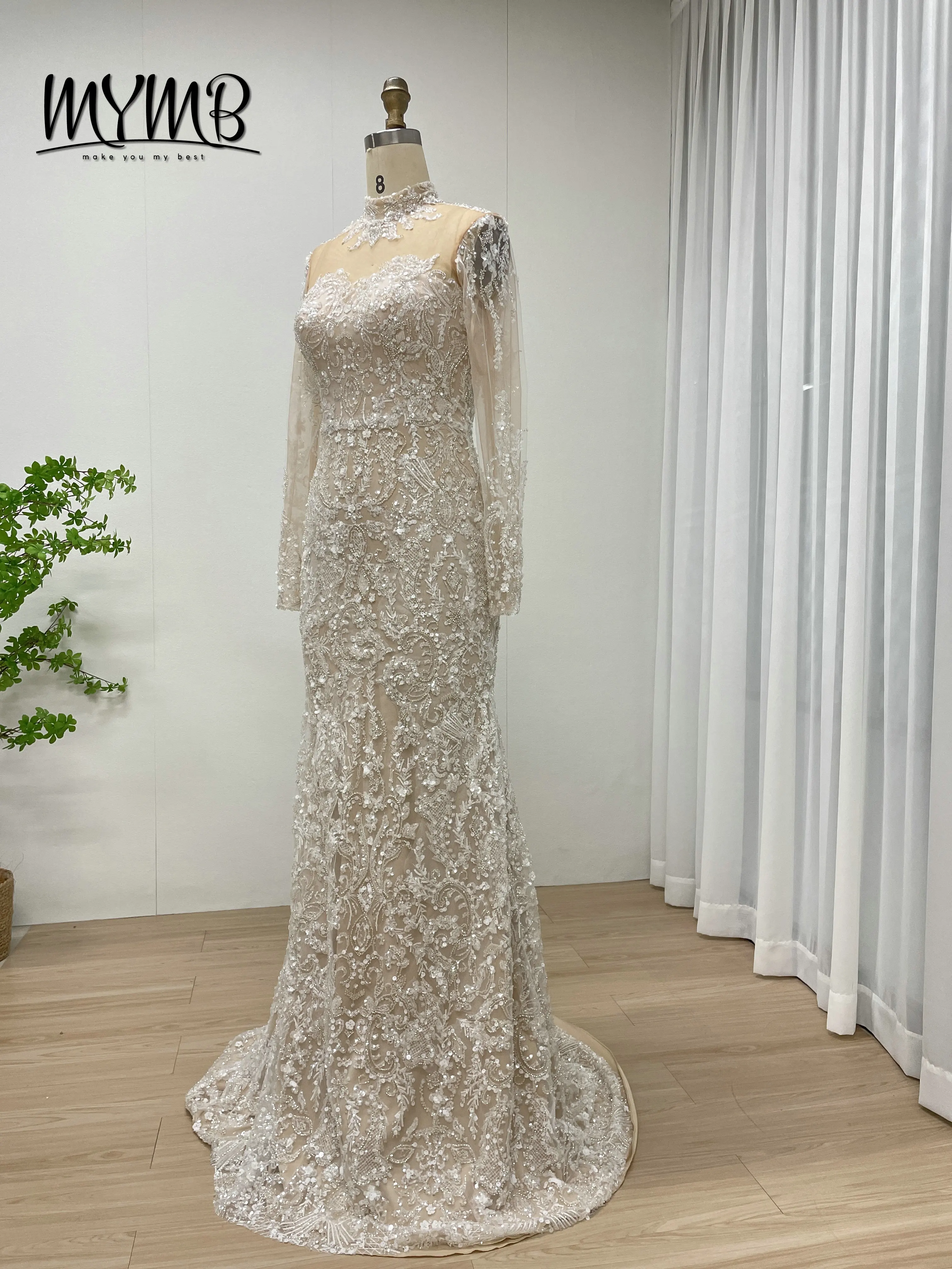 MYMB Elegante Lvory Zeemeermin Avondjurk Lange Mouw Mode Temperament Hoge Kwaliteit Prachtige Mooie Pailletten Toga MY30127