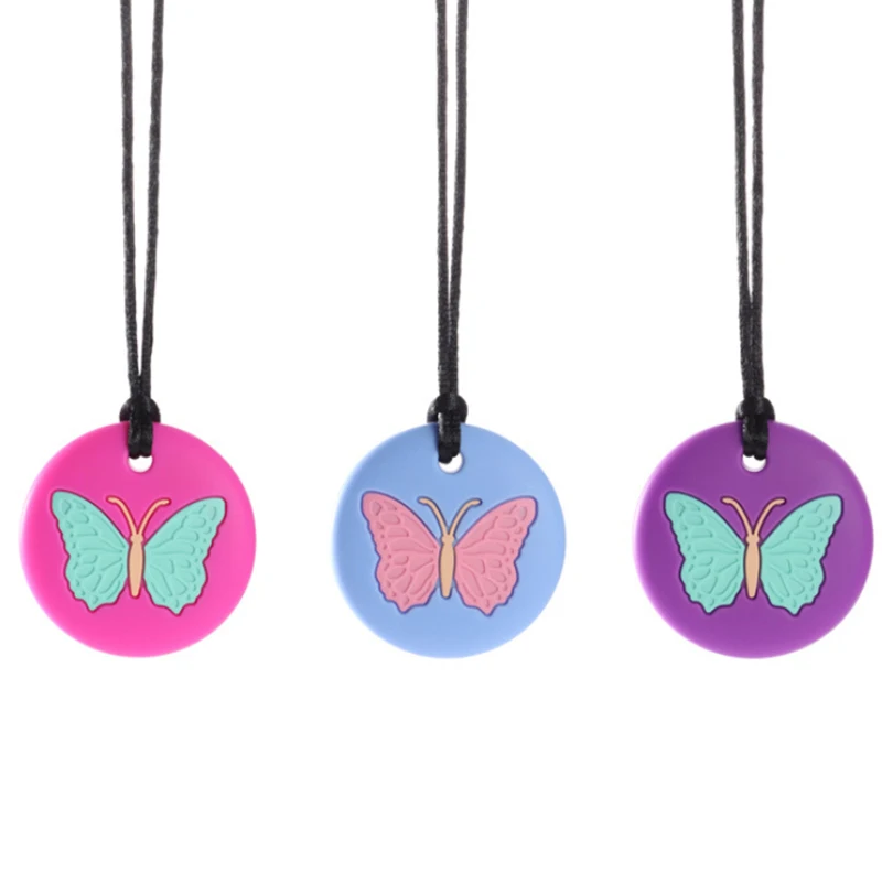 1Pc Chewy Necklace Butterfly Shape Autism ADHD Biting Sensory Child Silicone Teether Chew Toy Children Silicone Teether Pendant
