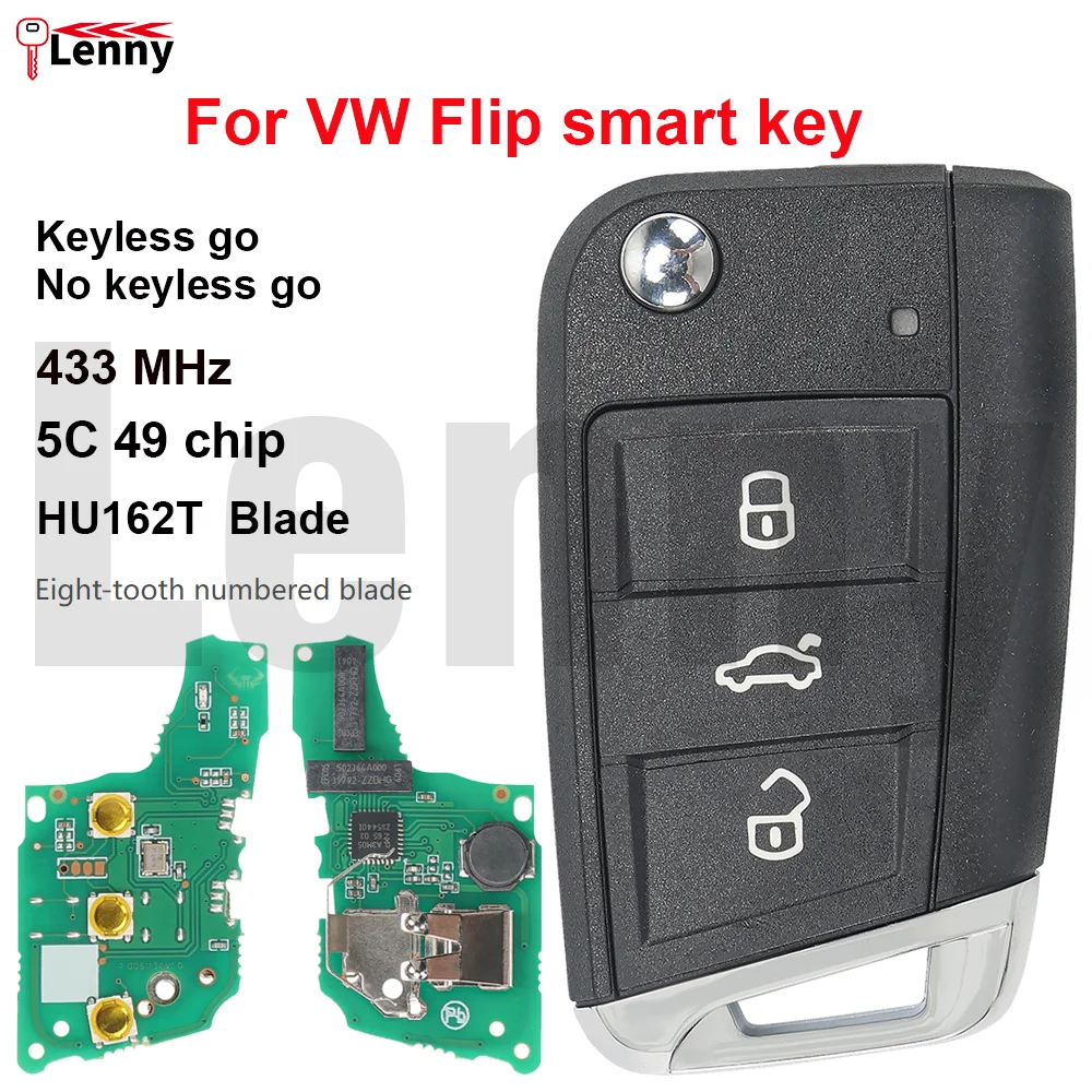 Lenny flip Smart Remote Car Key Fob 433MHz 5C 49 Chip HU162T Blade Keyless Go/No Keyless Go For VW Golf 7 MK7 Tiguan T-Roc Tayro