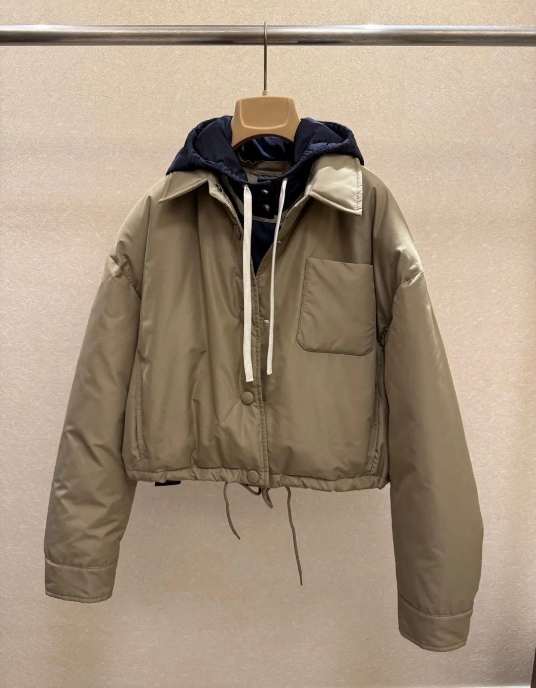 Khaki Color Block Hooded Cropped Puffer Jacket