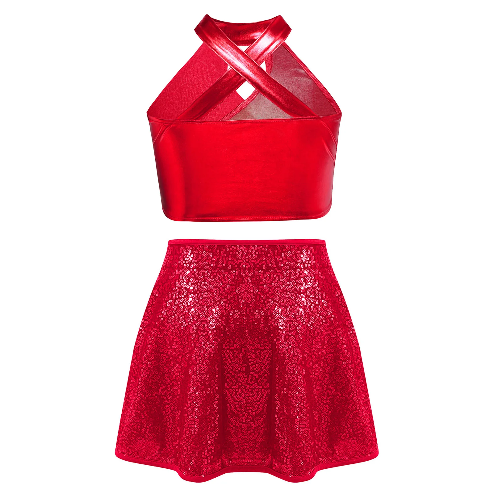 소녀 재즈 댄스 복장 반짝 이는 스팽글 메탈릭 크롭 탑 + 학교 치어 리더 공연 의상 streetwear 용 a 라인 스커트