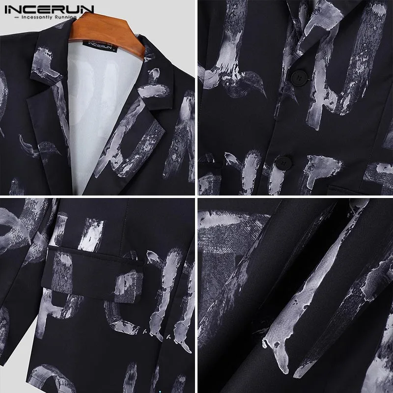 Incerun manga longa solta simples aberto jaquetas masculino artístico desenhado à mão carta design blazer casual lapela colarinho ternos de impressão