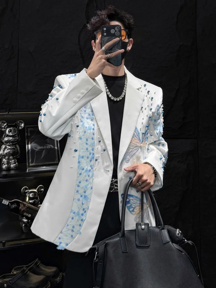 New Designer Mens Pearls Beading Butterfly Embroidery Stage Show Suit Coat Fashion Mens Party Blazer Jacket High Quality Outwear