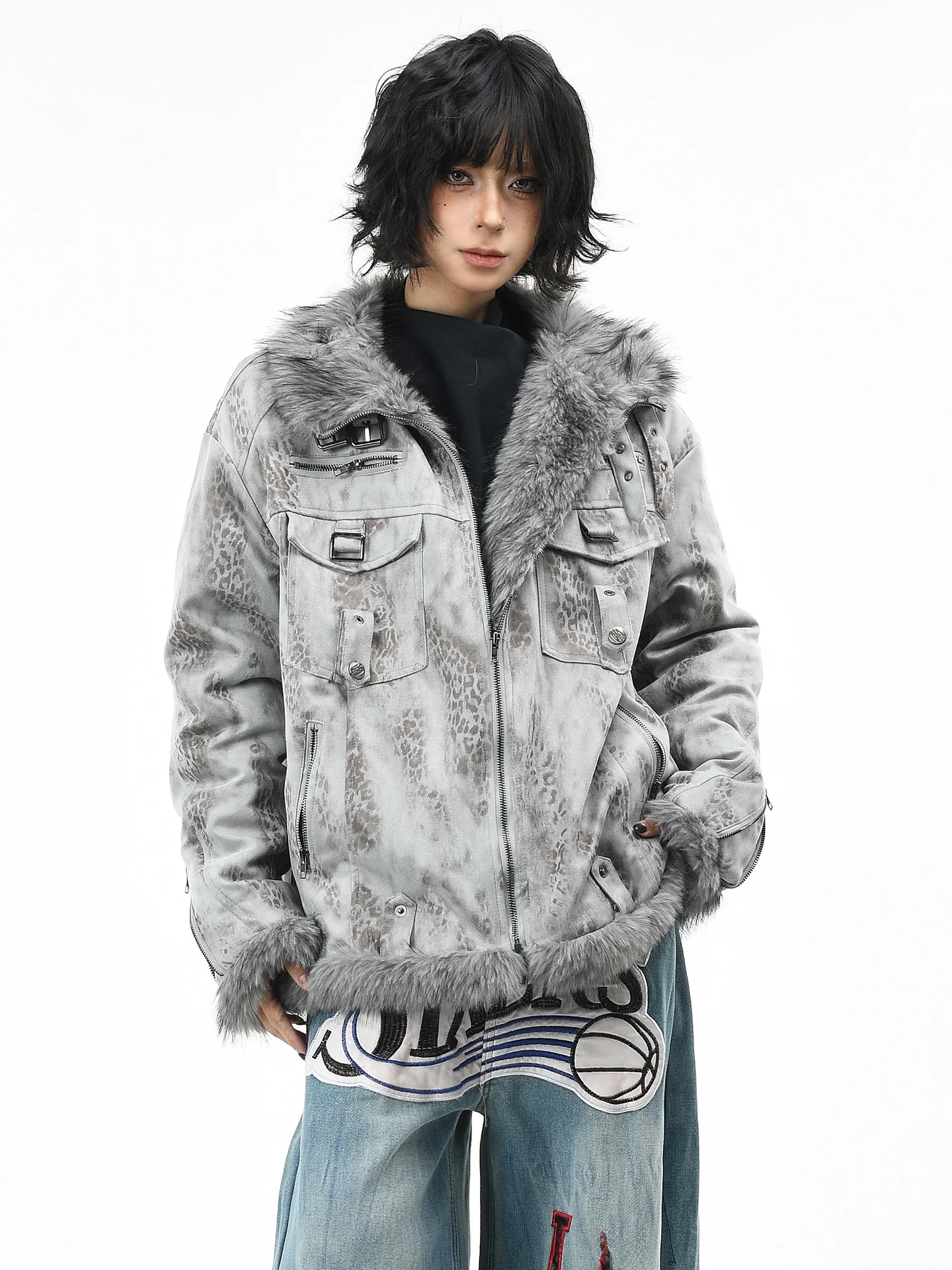 

OV Original American Retro Leopard Print Cotton Jaet Women's Winter Lightweight Loose Warm Cotton Coat Commute Sle