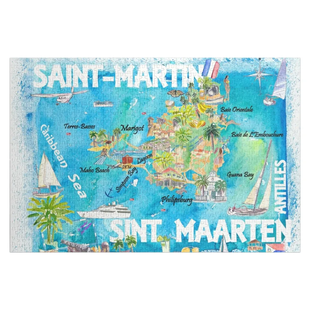 

Saint-Martin Sint Maarten Antilles Illustrated Caribbean Travel Map with Highlights of West Indies Island Dream Jigsaw Puzzle
