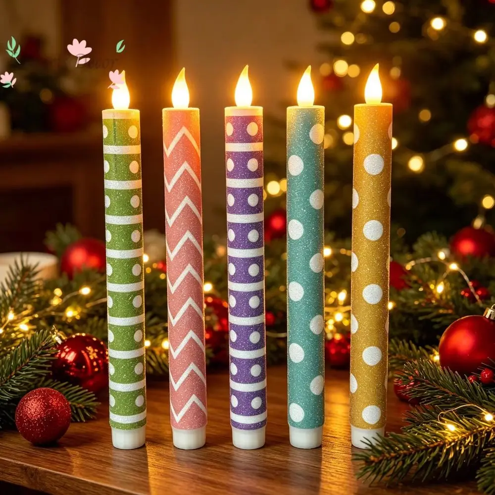 6pcs Macaron Glitter Electronic Candles Macaron Color Realistic Flame LED Candles Remote Control Christmas Long Pole Candles
