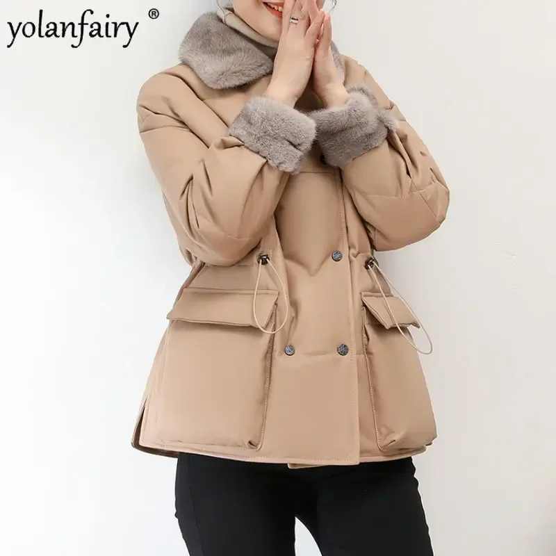 Sheepskin Leather Down Jacket Women Clothing Female Waist Short Winter New Warm Women Jacket Loose Thick Mink Fur Collar Outwear