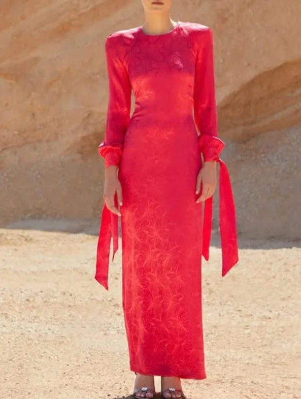 Alta calidad personalizado cuello redondo hasta el tobillo mangas completas arco bata roja Pour Mariage Invité vestidos de noche فساتłokolات vestido de fiesta