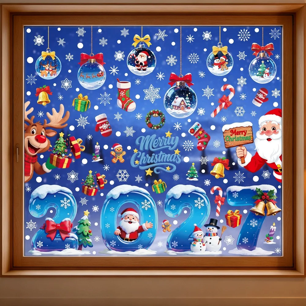 2027 Merry Christmas Decoraiton Window Stickers for Home Office Shopping Mall, Elk Santa Claus Hanging Balls Static Decals
