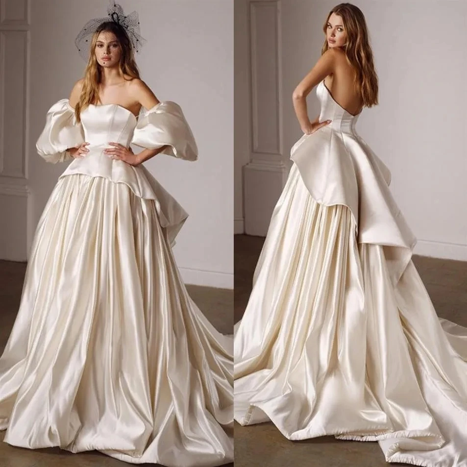 Marfim Vestidos De Casamento com mangas destacáveis, sem alças, Peplum Pescoço, vestidos de noiva, uma linha, Sweep Train, cetim, Plus Size