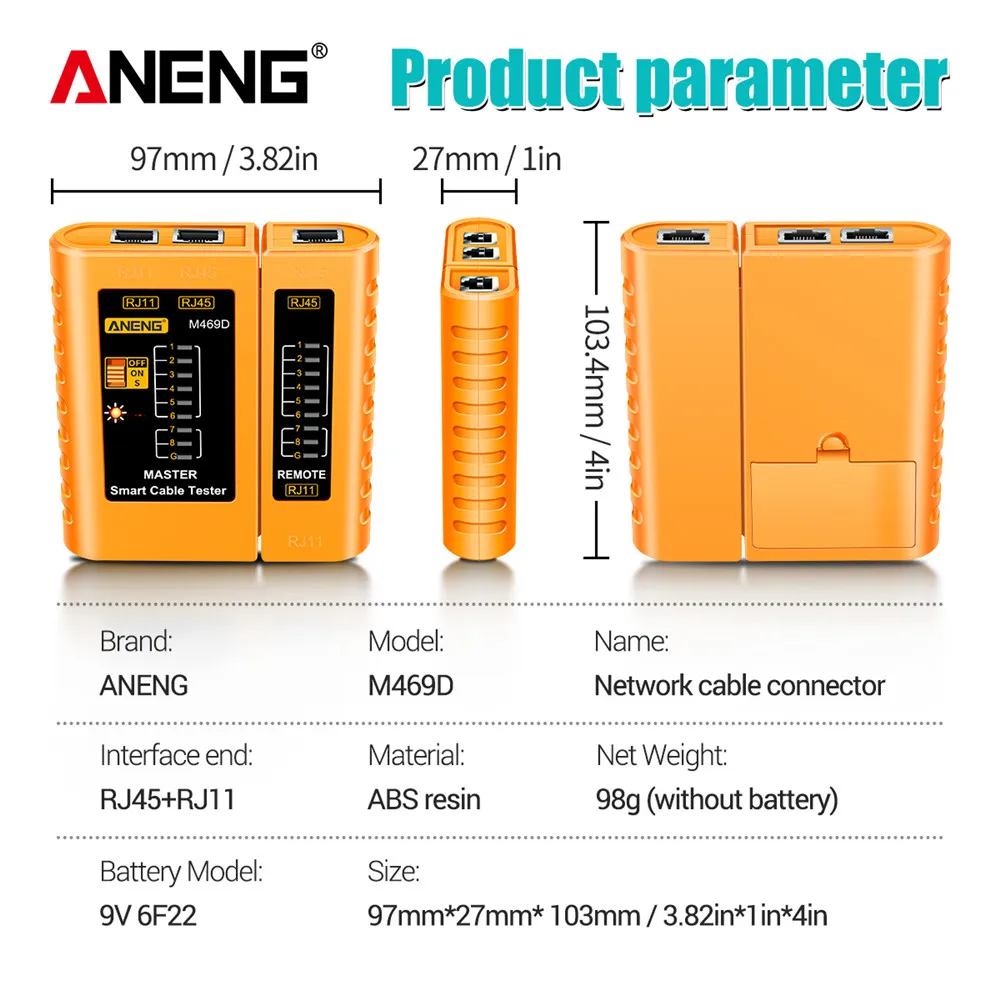 ANENG-probador de Cable lan M469D, herramienta de reparación de red, RJ45, RJ11, RJ12, CAT5, UTP