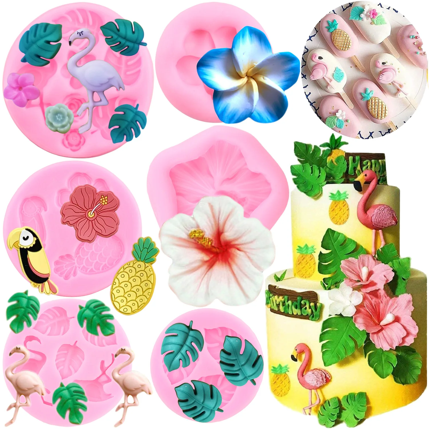 Flamingo Tropical Leaf Silicone Mold Plumeria Hibiscus Flower Fondant Molds Bird Pineapple Chocolate Molds Cake Decorating Tools