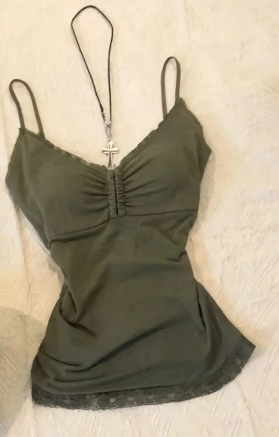 Women Summer Vintage Green Camisole Y2k Hot Girl Lace Patchwork Hepburn Style Lightweight Slim Sexy Aesthetic Slip Top New