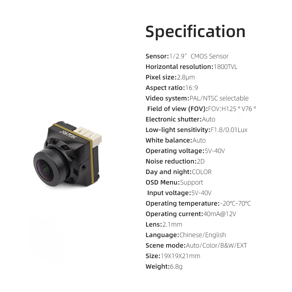 HGLRC L2 FPV Camera 1800TVL HD WDR Low Latency Night Vision 5V-40V Wide Angle for RC Drone
