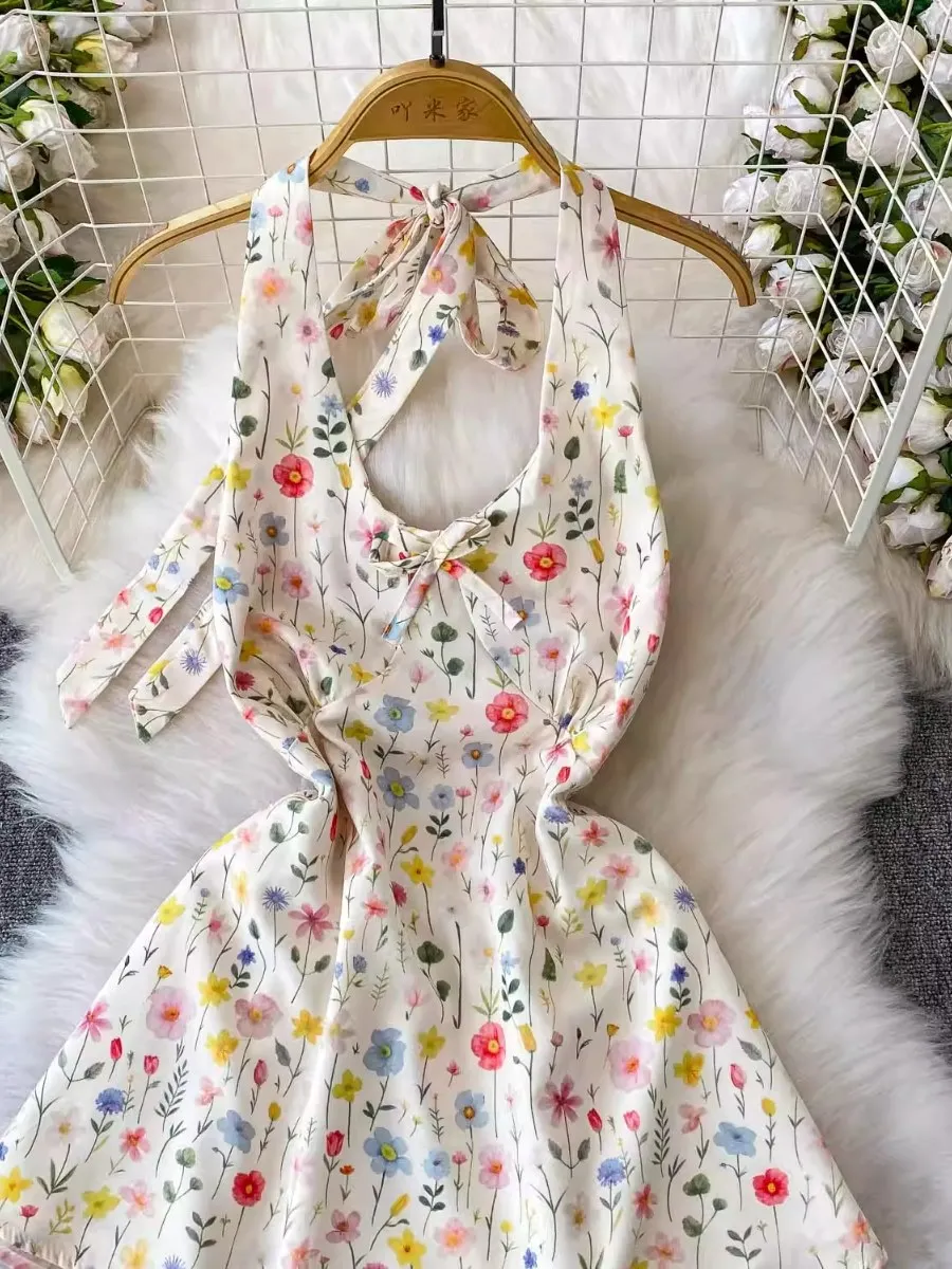 Foamlina vacances doux bleu fleuri col en V licou Camis Corp haut femmes été léger Mature Sexy dos nu cravate gilet Blouse