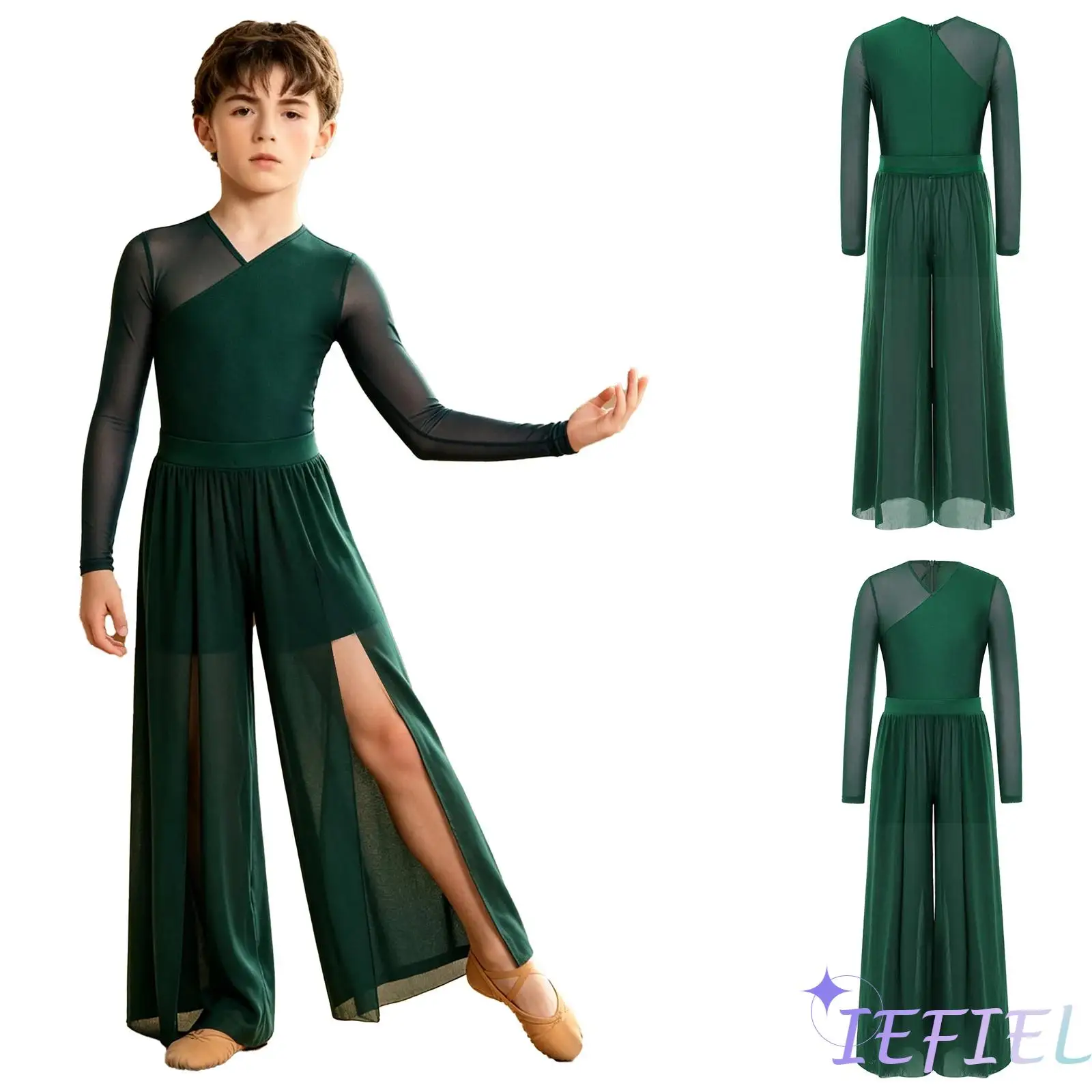 子供男の子叙情的なモダンダンス衣装長袖-v-ネックバック見えないジッパーボジドゥイトパンツ付きバレエラテンダンス服