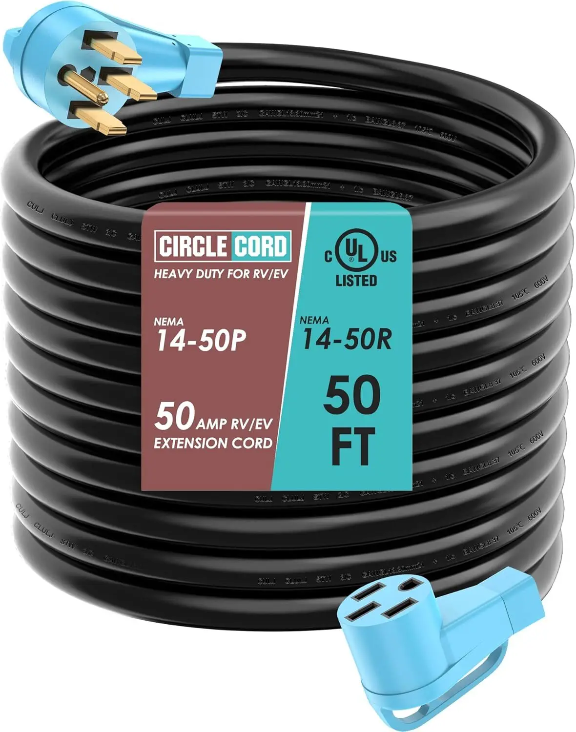 Listed 50 Amp 50 Feet RV/EV Extension Cord, Heavy Duty 6/3+8/1 Gauge STW Wire,  14-50P/R Suit for Tesla Model