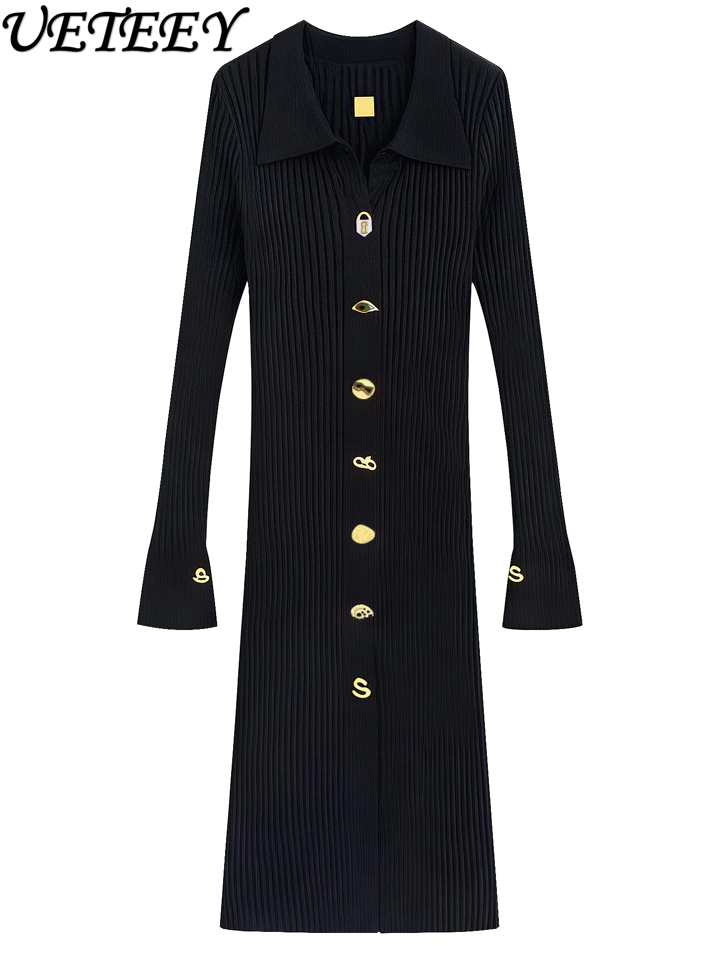 

French Style High Waist Slim Fit Long Sleeve Knitted Dress 2026 Turn-Down Collar Metal Buckle Solid Color Stretchy Maxi Dresses