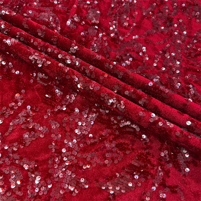 

Red Sequin Embroidered Velvet Fabric Sparkling Plush Cloth for Evening Gowns, Party Backdrop, Photography Curtain & Stage Decor