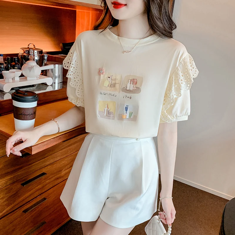 Cotton White Woman Tshirts O-neck Short Sleeve Ruffles Sweet T-shirt 2023 Shirts for Women Loose Casual Korean Tees Tops Female