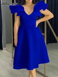 Mlaiscsr Elegant Evening Wedding Guest Party Mid Dress Women‘s Blue V Neck Ruffles Sleeve High Waisted A Line Birthday Vestidos