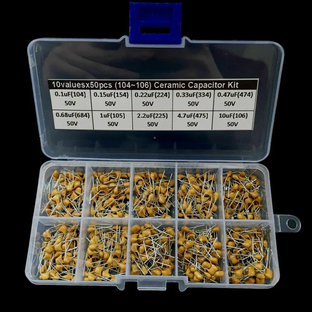 500 Pcs Ceramic Capacitor Comprehensive 0 1uF~10uF 10 Values 104-106 50 Volts Ceramic Capacitor Kit Assortment Set