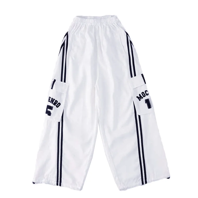 Girls Kpop Jazz Dance Clothing For Kids White Long Sleeves Crop Tops Black Baggy Hip Hop Pants Modern Dance Performance Wear