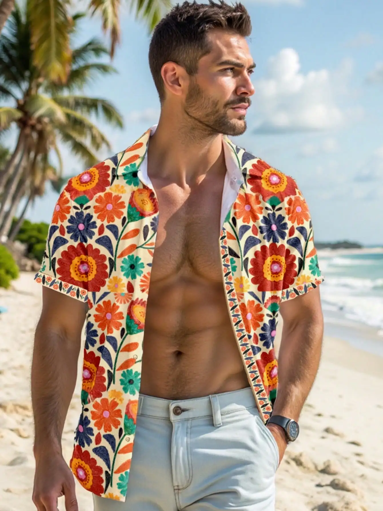 

Men's Short Sleeve Open-Front Casual Shirt with Vibrant Floral Print