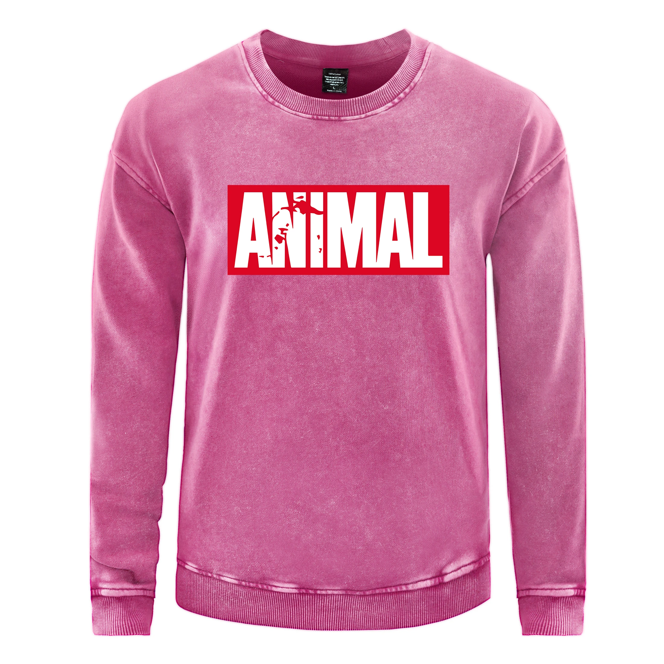 Animal Letter Printing Male Distressed Washed Round Neck Sweatshirt Fashion Comfortable Hooded Autumn Warm Cotton Vintage Tops