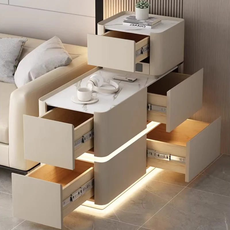 Living Room Multifunctional Side Cabinet Small Coffee Table Side Open Drawer Storage Locker Leather Rock Countertop With Lights