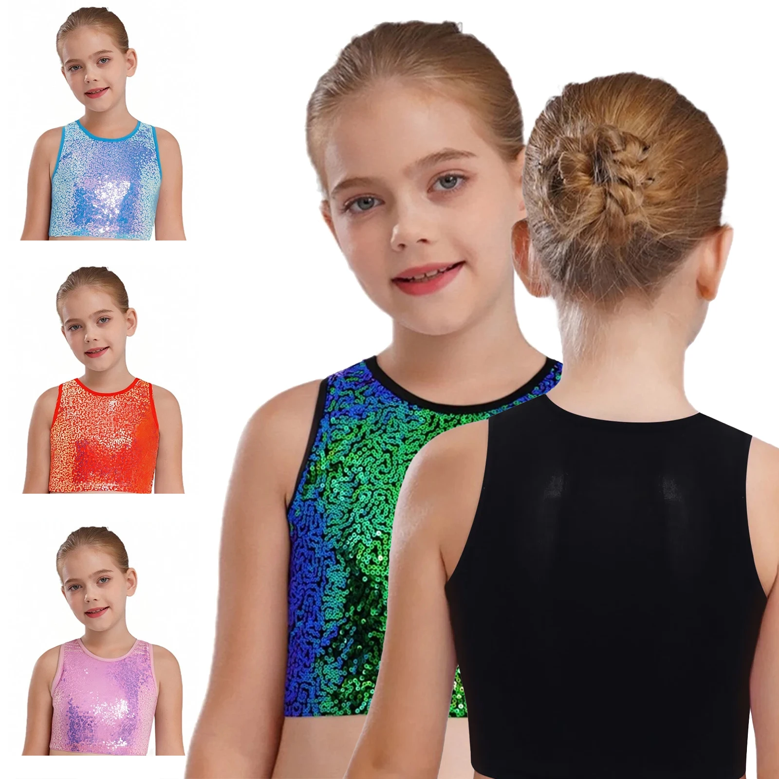 

Baby Girls Jazz Dance Cheerleading Tops Sleeveless Sparkling Sequin Crop Vest School Party Dance Stage Performance Costume