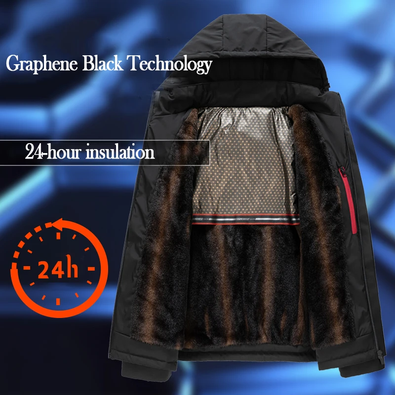 

Graphene keep warm Men Luxurious Jacket Hooded Thick Slim Fit Puffer Coat Male Casual High Quality Overcoat Thermal Clothes