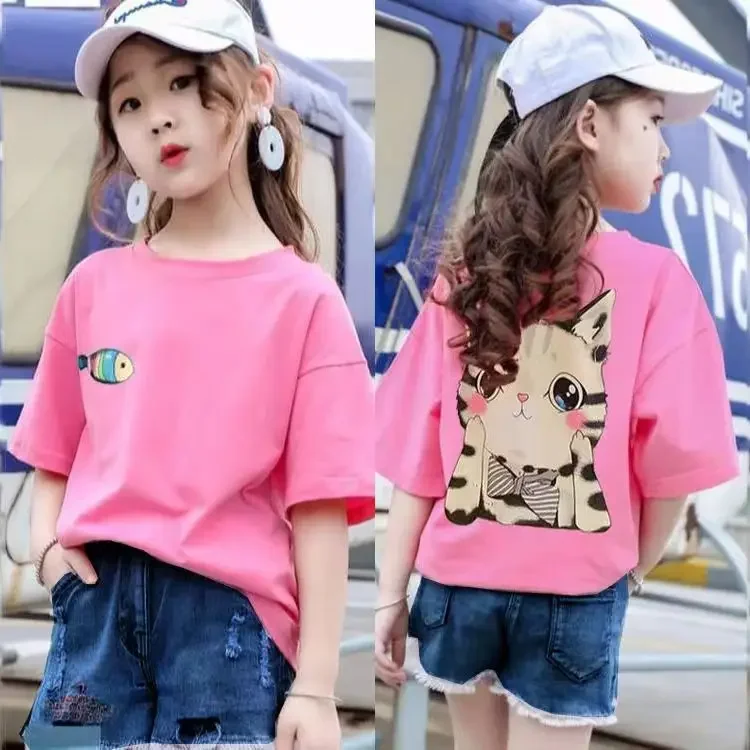 cotton girls short sleeve cat fish print T-shirt summer children clothing Korean  loose half sleeve summer top