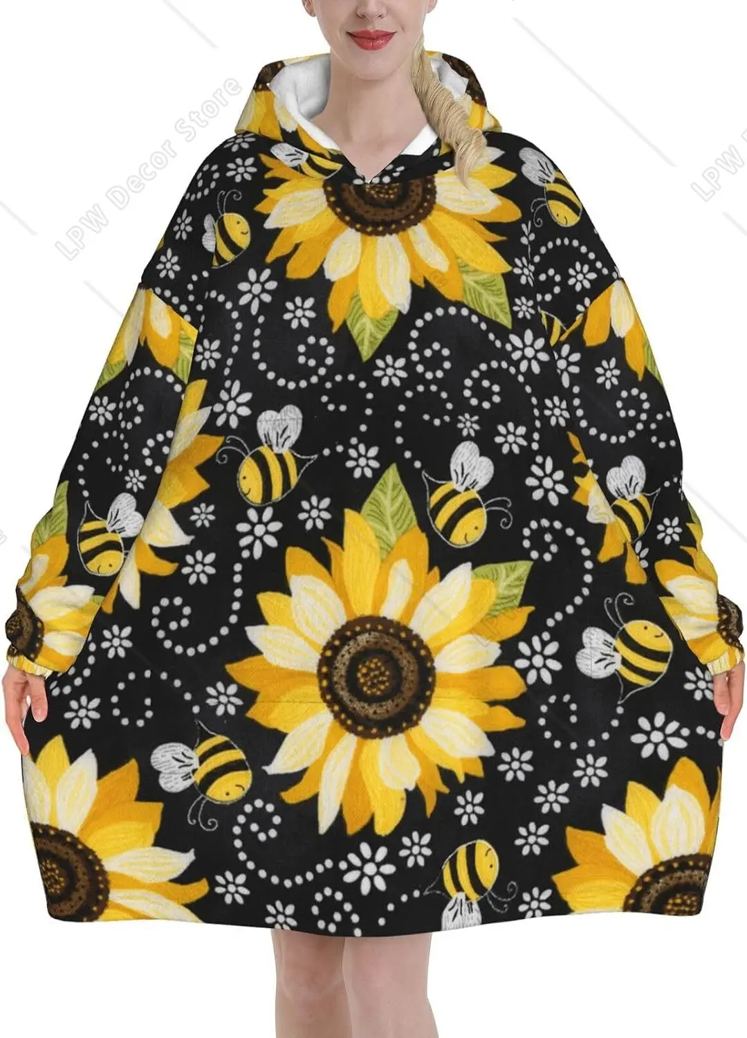 Sunflower Bees Print Blanket Hoodies For Women & Men Adult Teen Wearable Hooded Sweatshirt With Pocket