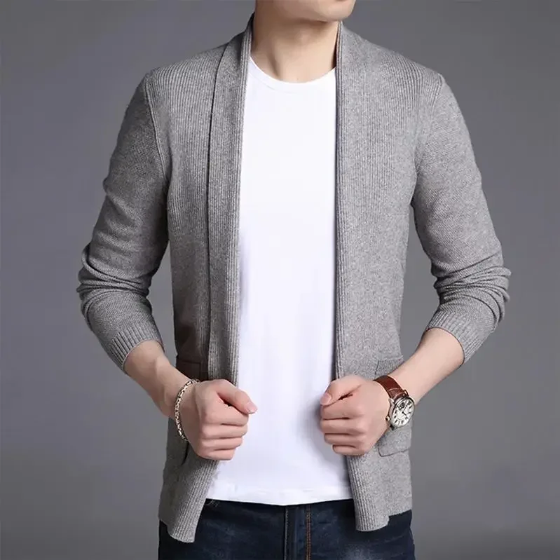 2025 Spring Autumn Fashion Men's Solid Color Slim Casual Trendy Long Sleeve Turn-down Collar Knitted Sweater Coat Male Clothes