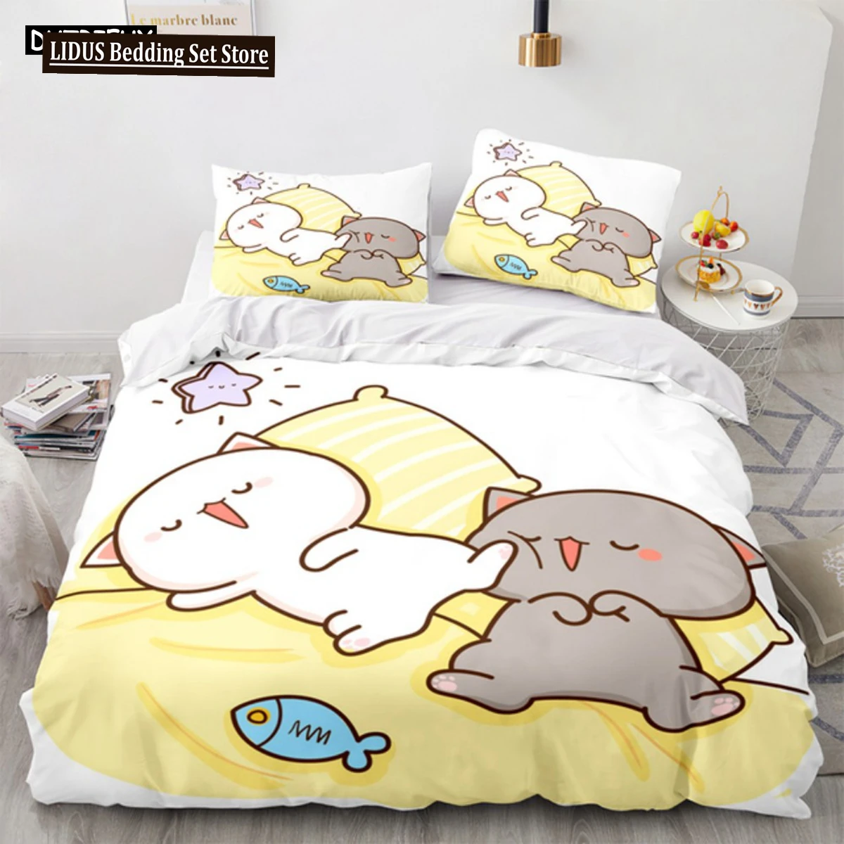 

Lovely Peach Cat Bedding Set Cartoon Cute Bed Set Double Queen King Twin Full Size Duvet Cover Set Boys Girls Duvet Cover Gifts