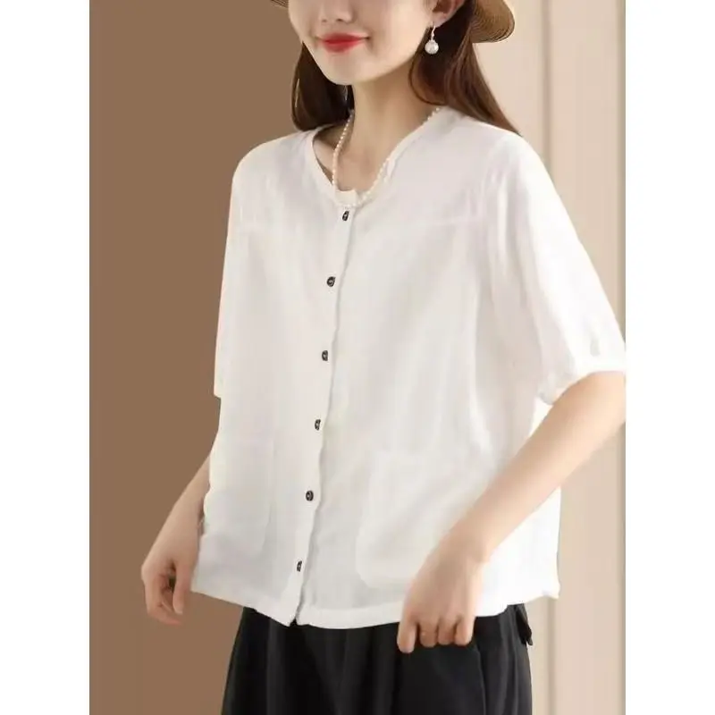 Camicia vintage in cotone e lino in cotone e lino Cardigan a maniche corte Top dimagrante versatile Capispalla elegante