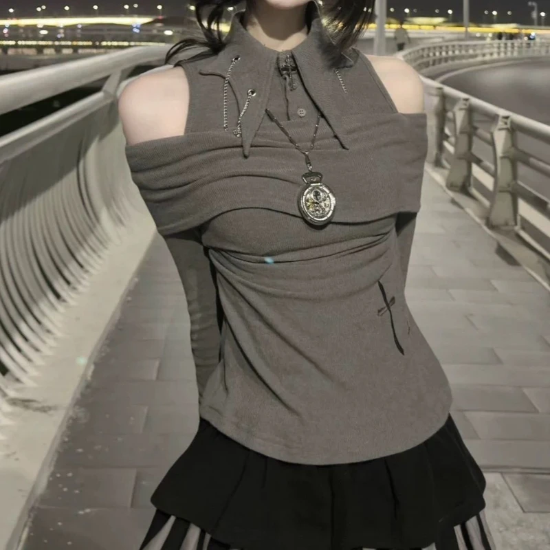 

Deeptown Y2k Gray Gothic Off Shoulder Women T-Shirts Harajuku Aesthetic Long Sleeve Korean Fashion Tees Sexy Slim Striped Gyaru