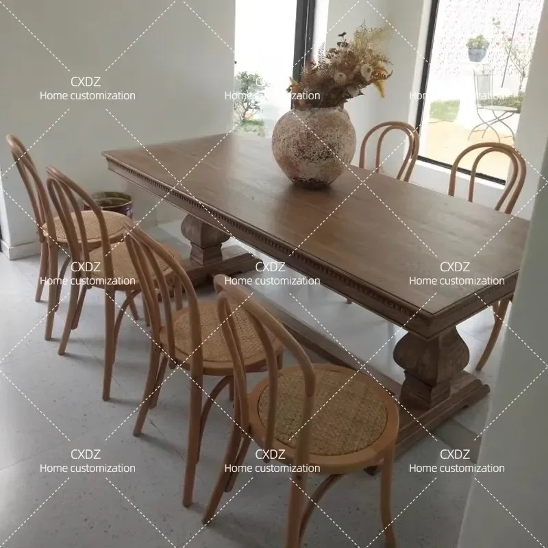 American light luxury solid wood dining table and chair combination retro rectangular tea table log French home table