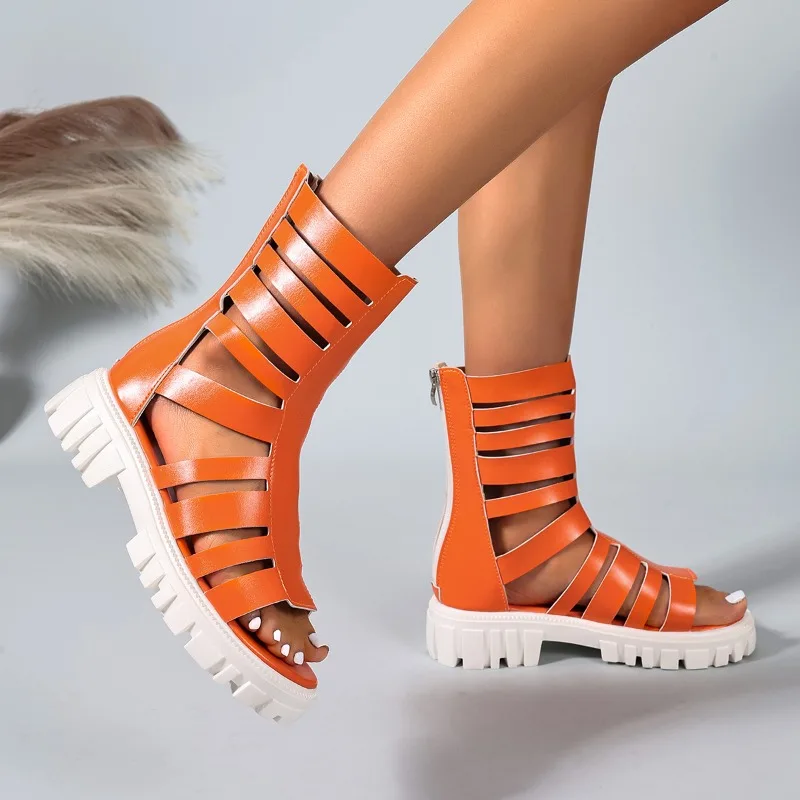 

Summer Women's Round Open Toe Comfortable Hollow Out Breathable Sandals New Women Fashion Casual Back Zipper Mid Heel Cool Boot